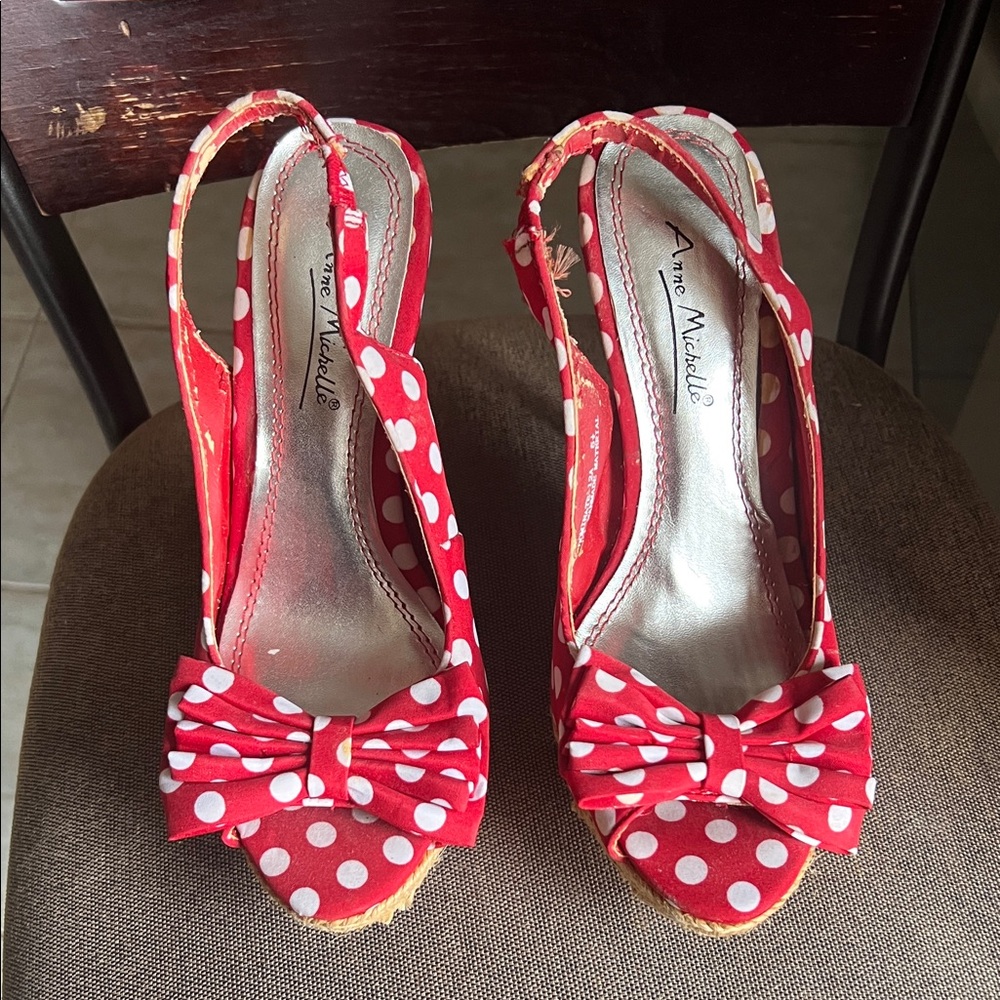 Anne Michelle Red and White Polka Dot Peep-Toe Slingbacks